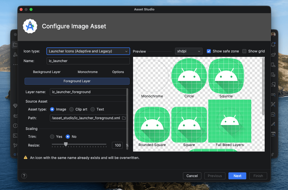 Android Studio Asset Studio dialog showing the Configure Image Asset panel with foreground layer, background layer, and live shape previews
